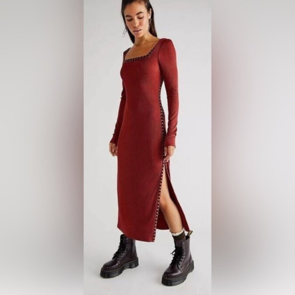 Free People Square Neck Bronze Studded Simone Wine Bordeaux Midi Dress XL NWT